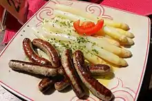 Typical Franconian, asparagus with Bratwursts