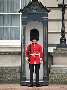 Soldier of the Coldstream Guards, with tunic buttons in pairs, in red tunic and bearskin, guarding Buckingham Palace.