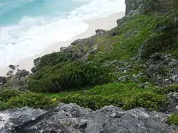 The tricky 45-degree ramp between Little Bay and the derelict house does not appear suitable for carting diving gear up and down. Best to wait for the boat.