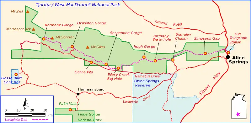 Map of Macdonnell National Park with Larapinta Trial running through